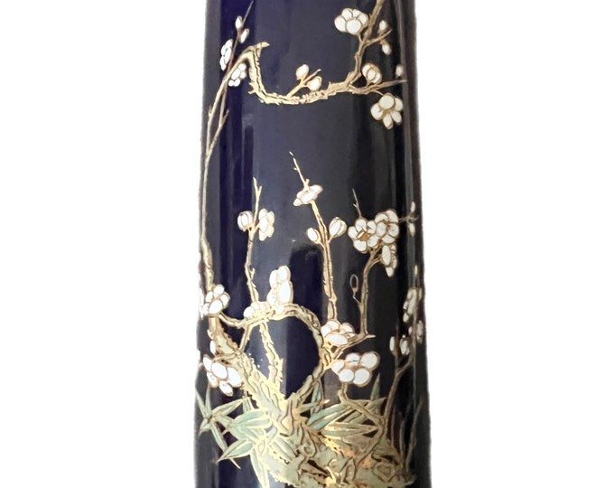 Kutani Bud Mini Vase | Toyo Japan Japanese Ceramic Porcelain Chionsiere Home Decor | Hand Painted Cobalt Blue Gold Trim | Cherry Blossom