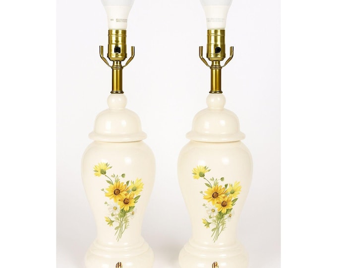 Ginger Jar Lamps Pair Ceramic Black Eyed Susan Ceramic End Table Buffett Mid Century Set 2 Vintage Granny Cottage Core Yelllow Flowers