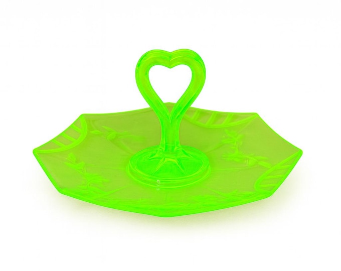 Centered Handled Tray Serving Piece Dish Tidbit Tray | Uranium Depression Vaseline Glass Uranium | Collectible Glow Party Hostess Collector