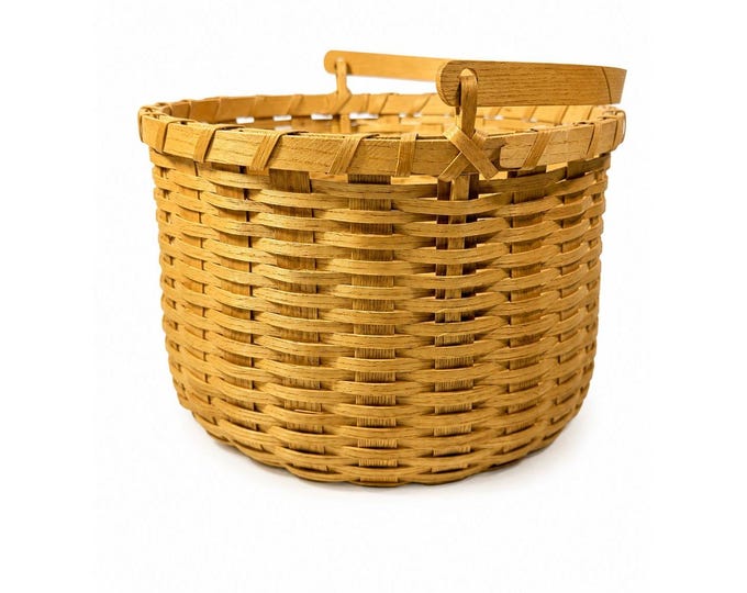 Amish Handwowen Swinging Handled Basket Vintage Light Wood Handmade Decorative Home Decor Accents Farmhouse Cottage Granny Core Country