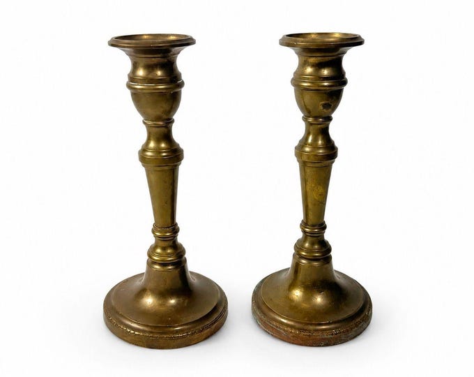 Solid Brass Candlesticks Pair Early 20th Century Vintage Metal Traditional Table Home Decor Centerpiece Candle Holder English Decorative