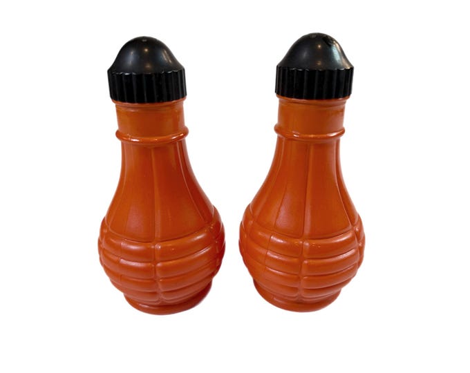 Salt Pepper Shakers Set Pair | Hazel Atlas Euclid Coffee Co Glass | Orange Grenade | Mid Century Atomic Vintage Kitchen Decor Collectible