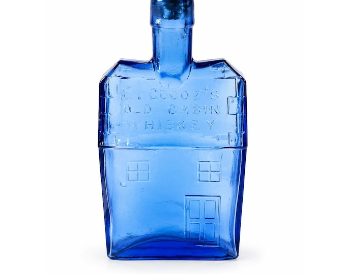 Decanter Bottle EC Booz's Old Cabin Whiskey Reproduction Cobalt Blue Bubble Glass Clevenger Brothers Vintage Barware Cork Collectible