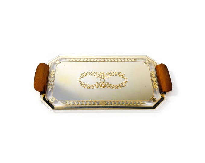Boudior Vanity Tray Glass Mirror Reverse Hand Painted Brass Handles Art Deco Vintage Footed Floral Gold Black Home Decor Decorative Accents