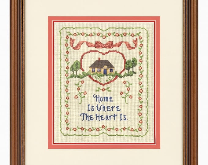 Cross Stitch Sampler Wood Frame | Home Is Where The Heart | Wall Decor Vintage Decorative Accents | Cottage Granny Core Farmhouse Primitive