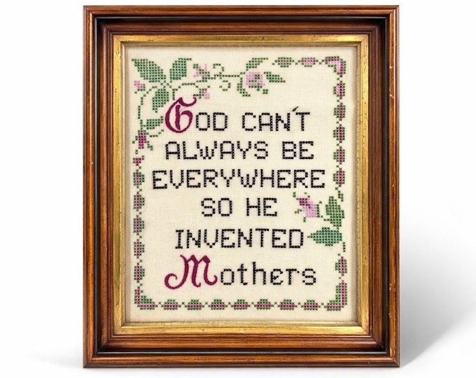 Framed Cross Stitch God Can't Always Be Everywhere So He Invented Mothers Vintage Wall Decor Gallery Handmade Gifts Wood Frame Home Accent