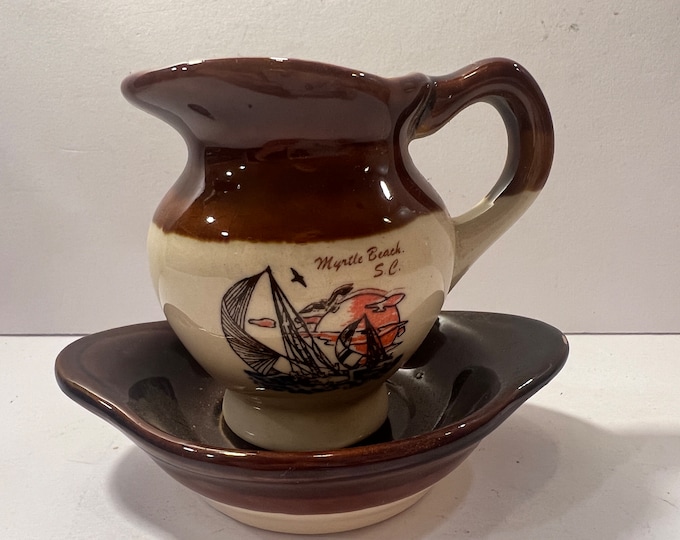 Vintage Myrtle Beach South Carolina SC  Brown Drip Ceramic Creamer & Plate Souvenir Sailboats