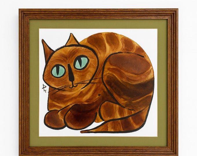 Mid Century Framed Art Hand Painted Cat Acrylic Painting