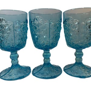 L G Wright Daisy and Button EAPG | Blue Water Globlet | Teal Turquoise | Pressed Glass | Set 3 | Stemware Stemmed Glass Footed Collectible