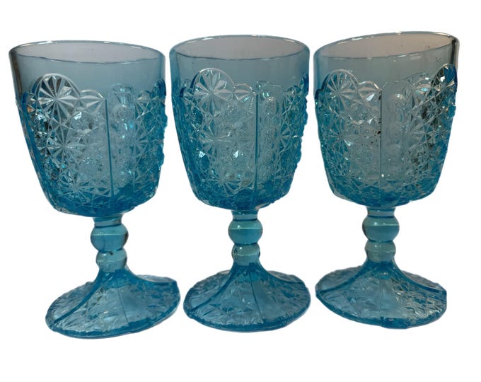 L G Wright Daisy and Button EAPG | Blue Water Globlet | Teal Turquoise | Pressed Glass | Set 3 | Stemware Stemmed Glass Footed Collectible