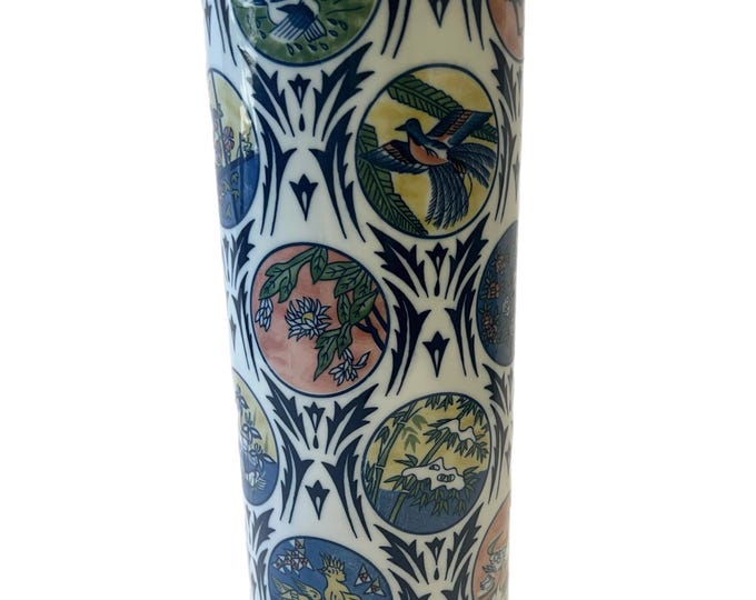 Vintage  Chinoiserie Tall Chinese Vase Or Brush pot  | Flowers Floral | Green Pink Blue Yellow | Oriental | Grand Millennial | Birds Trees