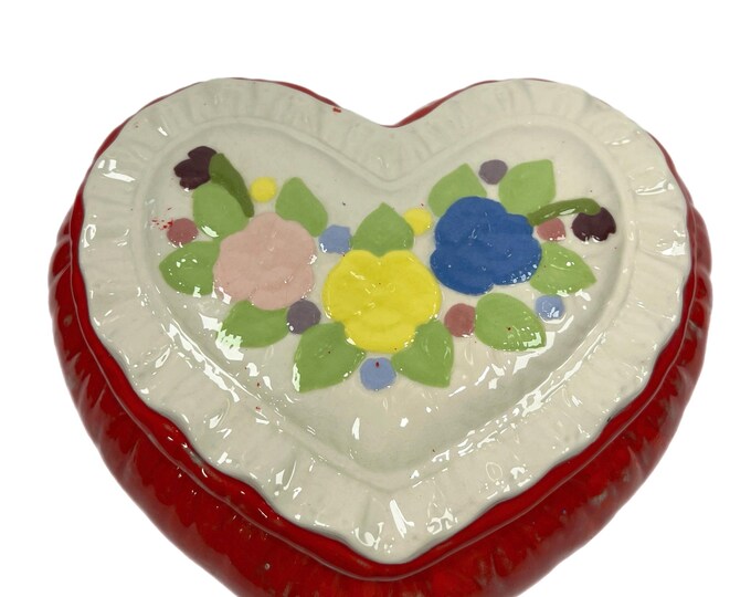 Vintage | Ceramic Mold | Hand painted | Valentines Day | Heart Trinket Dish | Flowers | Pink Red | Blue Green | Lidded Pillow Style