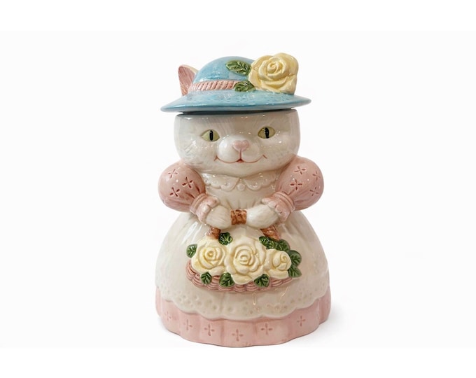 Cat Cookie Jar Vintage Victorian Mama Grandma Ceramic Albert Price Country Hat Flowers Kitchen Farmhouse Grandma Cottage Core  Pink Yellow
