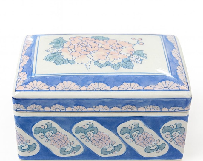 Porcelain Trinket Box Jewelry Lidded Storage | Chinoiserie Oriental Chinese Floral Motif | Home Decor Decorative Accents | Gifts for her