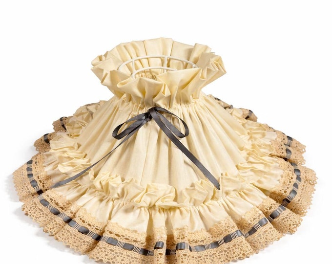 Oil Lamp Shade Wire Frame Lace Ruffled Bow Blue Ribbon Handmade Vintage Farmhouse Country Primitive Cottage Granny Core Pleated Home Decor