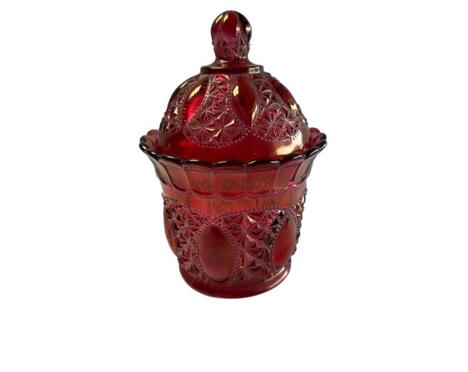 Candy Dish Match Holder | Vintage Imperial Iridescent Depression Glass Ruby Red | Lidded Trinket Dish | Decorative Home Decor Wedding Gift
