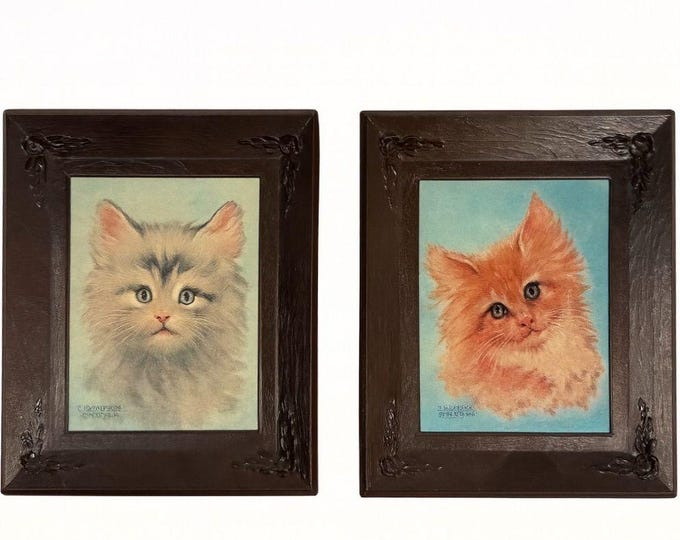 Pair Framed Cat Prints Art Vintage Artist Florence Kroger Mid Century Kittens Nu Dell Corp Frame Plastic No Glass Wall Shelf Art Home Decor