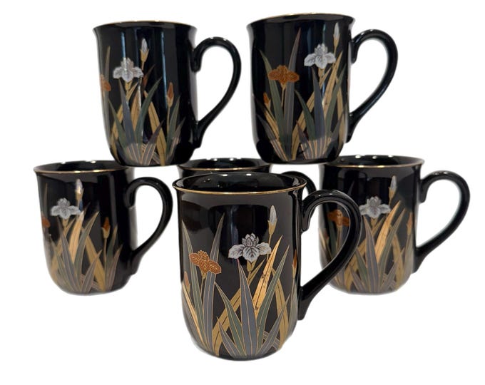 Set 6 | Coffee tea mugs | Black Otagiri Japan Iris mugs |  lilies , orange, white, green, and gold pattern | Chinoiserie Grand Millennial