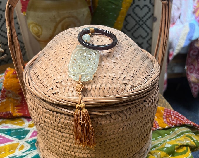 Vintage Coral Handmade Chinoiserie Oriental Wicker Wedding Basket With Jadite Pendant