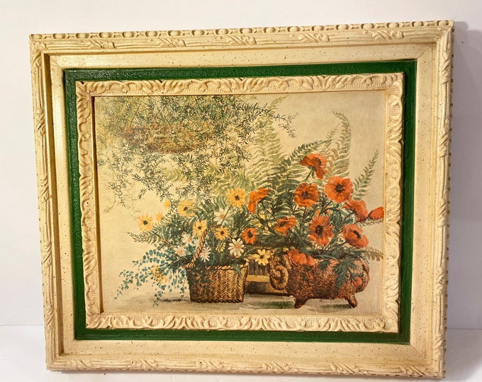 Vintage Floral Still Life Nell Cary Framed Home Interiors Poppies Daisies Ferns 1975 | Cottagecore | Boho