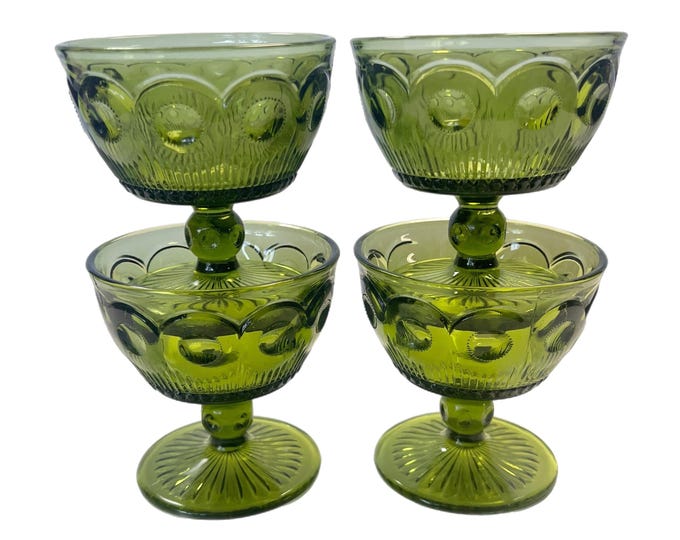 Set of 4 |  Bartlett-Collins | Avocado green glass | Sherbet dish set |  Bullseye Manhattan | Mid Century Retro Entertaining Serving Hostess