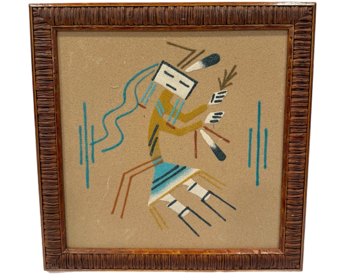 Vintage | Native American | Rainbow Kachina Sand Art New Mexico | Wall Decor Art Southwest | Hand painted | Navajo Art Framed Wall | Wood