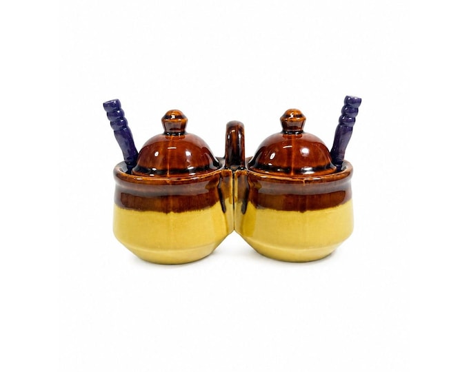Stoneware Pottery Condiment Dish Double Vintage Bowl Taiwan Dish Handle Brown Spoon Farmhouse Cottage Granny Core