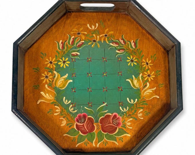 Folk Art Wooden Handled Serving Tray Hand Painted Floral Vintage Country Primitive Farmhouse Signed Wood Granny Core Gallery Wall Platter