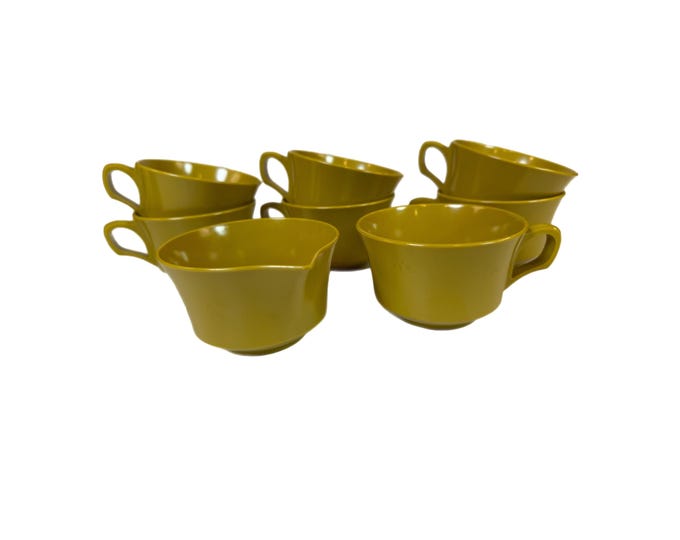 Melamine Set Coffee Tea Mugs Cups Creamer | Allied Chemical Vintage | Mid Century kitchenware Camper Travel Set Plastic | Gold Melamin Melma