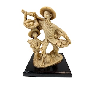 Resin Figurine Statue Elderly Fisherman and Boy |Oriental Asian | Japanese Chinese | Chinoiserie Decorative Accents Home Decor | Shelf Decor