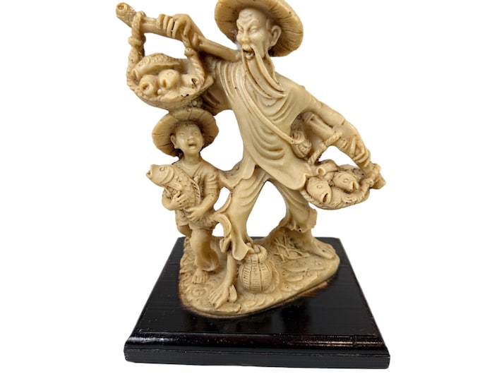 Resin Figurine Statue Elderly Fisherman and Boy |Oriental Asian | Japanese Chinese | Chinoiserie Decorative Accents Home Decor | Shelf Decor