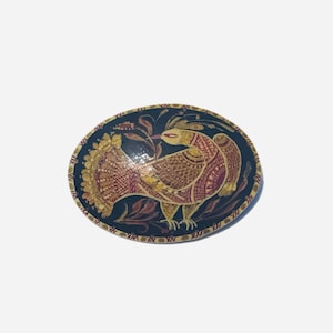 Wooden Brooch Lapel Pin |  Russian Black Lacquer Gold Hand painted | Folk Art Bird  Design Signed | Jewelry | Oval Shape | Gifts for her