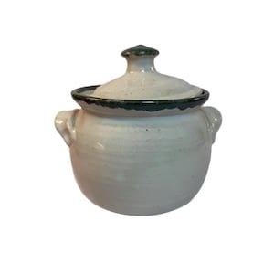 Clay Bean Pot Crock | Luther NC Studio Pottery | Hand Thrown Glazed Green Cream Lidded Handled | Vintage Kitchen Farmhouse Granny Core