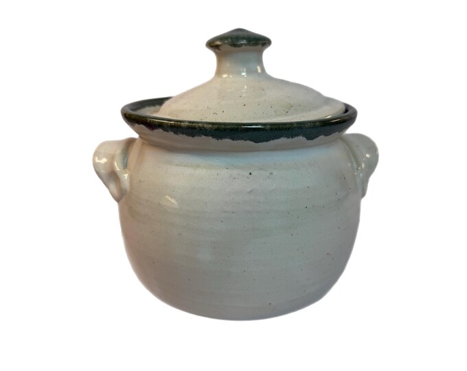 Clay Bean Pot Crock | Luther NC Studio Pottery | Hand Thrown Glazed Green Cream Lidded Handled | Vintage Kitchen Farmhouse Granny Core