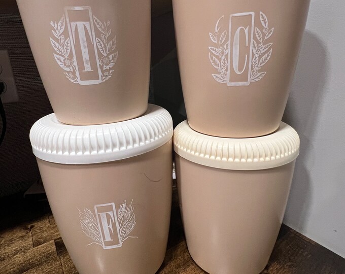 Vintage Plastic Nesting Kitchen Canisters | Beige Wheat Flour | Coffee  Bean Stalk| Sugar | Tea Leaf Flowers White Lid Set 4 | Mid Century