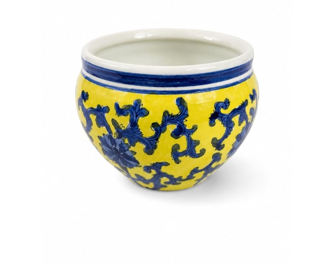 Jardiniere Cachepot Planter Blue White Yellow Hand Painted Porcelain Ceramic Import Vintage Chinosiere Painted Indoor Flower Pot -Floral