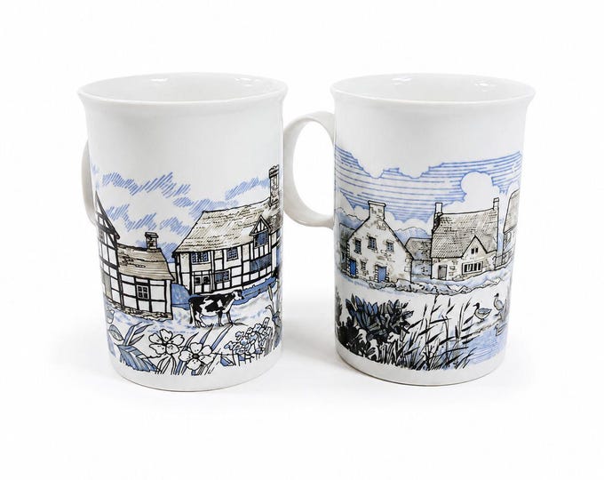Stoneware Pottery Mugs Dunoon Ceramics Rural Village Cottages Cows Ducks Horse Farm– Hand Painted Blue and Brown Tones - Made in Scotland
