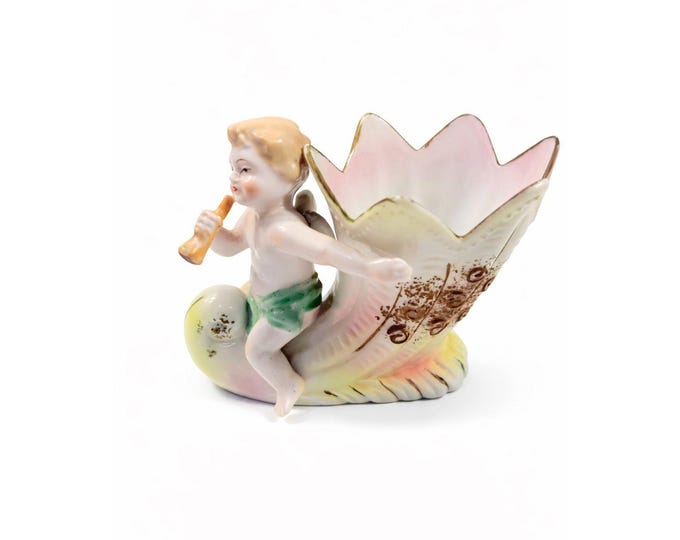 Figural Planter Vase Porcelain Cherub Riding on a Cornucopia Shell Hand Painted Vintage L & M Fern International Stamped Victorian Japan