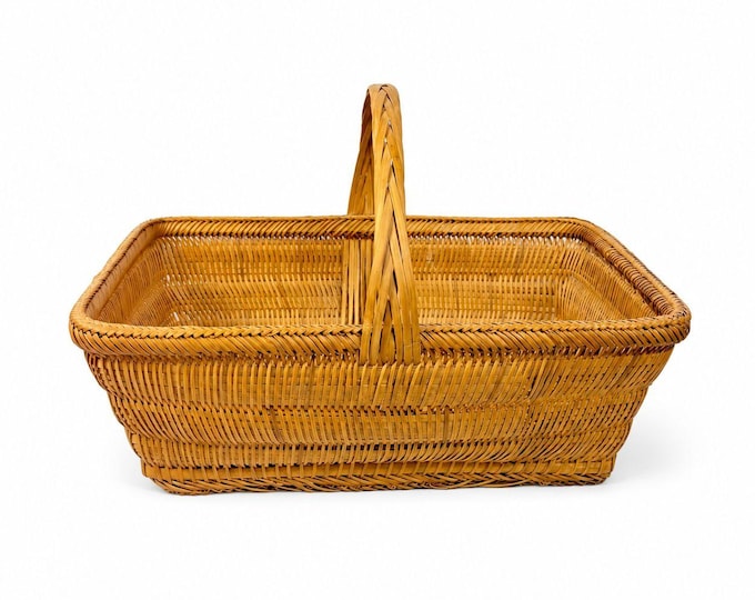 Handwowen Storage Shopping Handled Basket Vintage Light Wood Handmade Decorative Home Decor Accents Farmhouse Cottage Granny Core Country