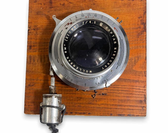 Camera Lens Wollensak Apochromatic Raptar 8 1/4"  [210mm] F10 on wood Board B10867 Vintage Photography Chrome Photographer Studio