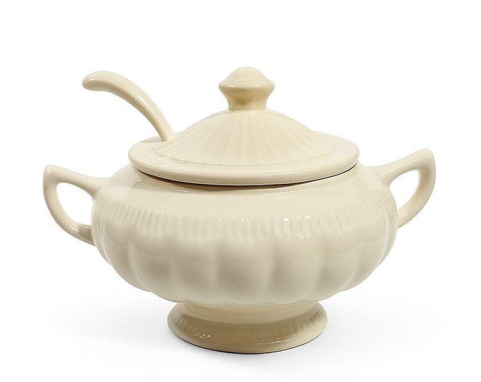Ironstone Soup Tureen with Landle California US Pottery Vintage White Ceramic Mid Century  Footed Large Bowl Three Piece Set Holiday Serving