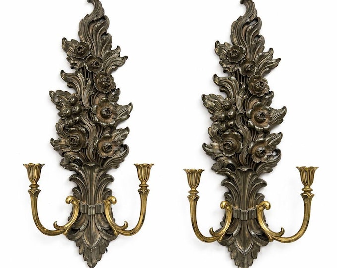 Wall Sconce Candle Holders -Vintage Syroco 4133 Gold Resin Ornate Hollywood Regency MCM Double Arm Wall Decor - Floral Roses Scalloped