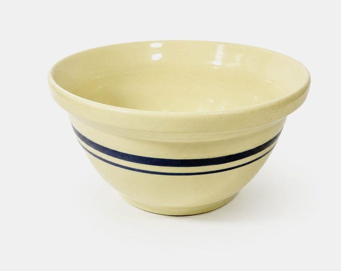 Stoneware Mixing Bowl Roseville Friendship Pottery FP USA Blue Stripes 10" 4 QT Ironstone Vintage Farmhouse Primitive Cottage Granny Kitchen