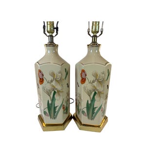 Asiatische Schmetterlings-Blumeniris-Lampen | Paarset 2 | Porzellan Keramik Handgemalt Chinoiserie Oriental | Buffettisch Beistelltisch | Dekorativ