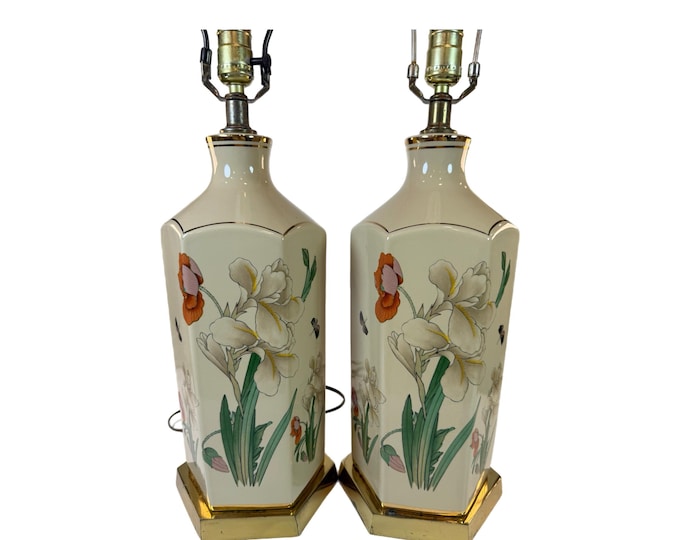 Asian Butterfly Floral Iris Lamps | Pair Set 2  | Porcelain Ceramic Hand Painted Chinoiserie Oriental | Buffet Table End Table | Decorative