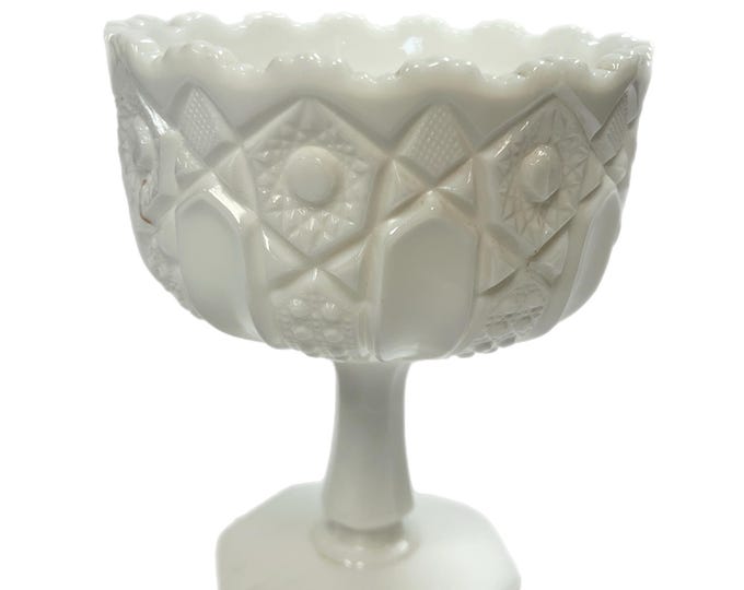 Vintage | Milk Glass McKee Button & Stars Pattern Ruffle Edge | Cupped Pedestal Foot Compote Candy Dish | Rose Bowl | Traditional Home Decor