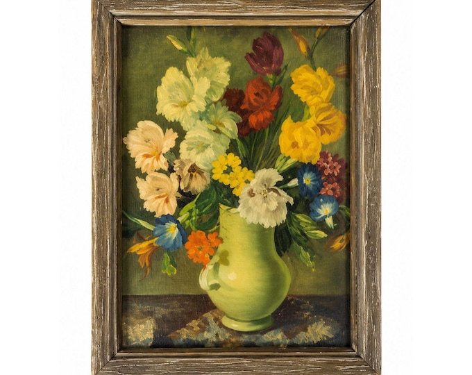 Mini Lithograph Framed Joseph Jost Floral Still Life Flowers Gladiolus Shelf Home Decor Vintage Prints