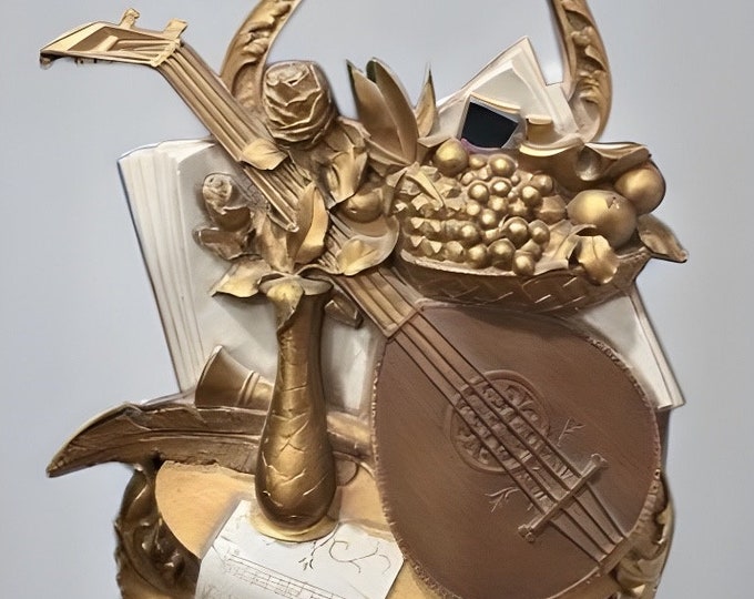 1971 Syroco Wall Decor #7236 Musical ensemble Mandolin, Fruit Harp Flowers Gold Hollywood Regency