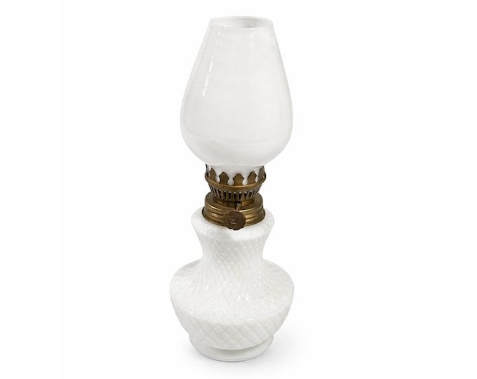 Mini Finger Oil Lamp Milk Glass Shade Chimney Vintage Home Decor Granny Farmhouse Cottage Core White Brass Ring of Fire