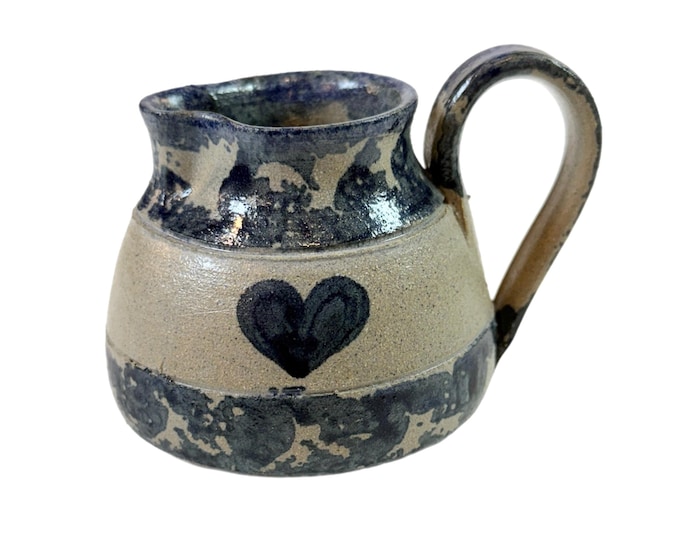 Mini Pitcher Creamer Pottery Handled | Spongeware Heart Ironstone | Farmhouse Country Primitive Kitchen Decor | Home Decor Decorative Accent
